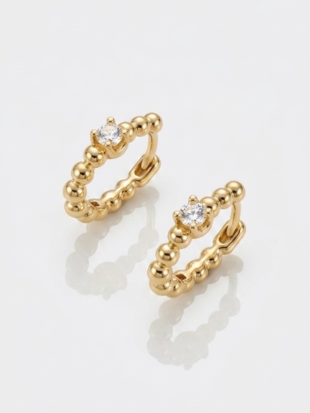 14K Gold Plated Beaded Hoop Earrings with CZ Accent | Dainty Minimalist Jewelry